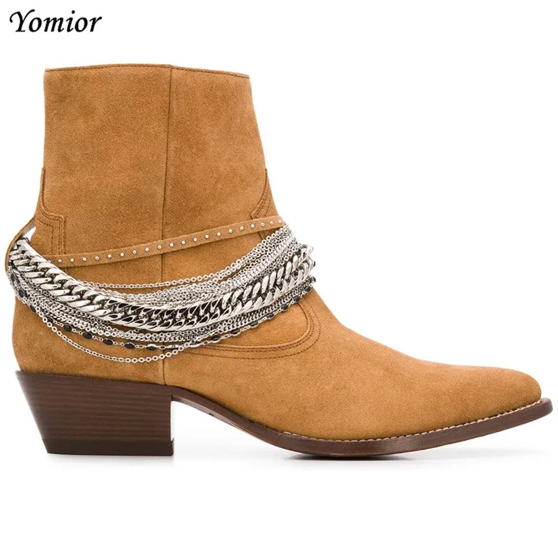 Yomior Spring Handmade Cow Leather Vintage Men shoes Fashion Brand Chain Tassel Ankle Boots High Quality Chelsea Boot Big Size