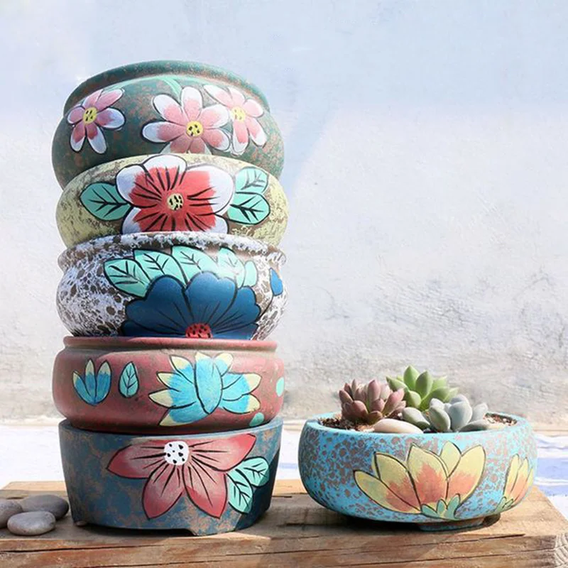 Retro Floral Flowerpot Hand Painted Succulent Plant Pot Vase Basin Flower Green Plant Container Handmade Crafts Home Garden