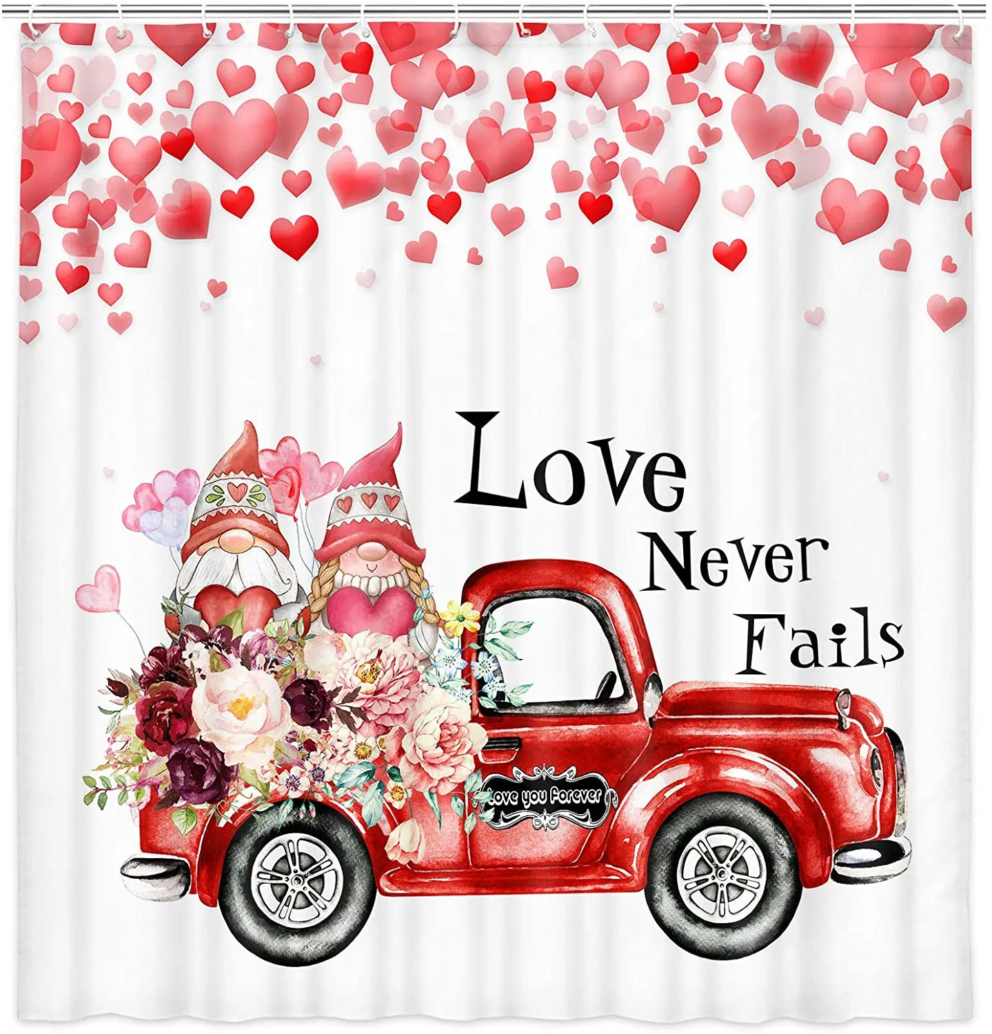 Valentine's Day Gnome Shower Curtain Love Never Fails Red Truck With Cute Lovers In Red Rose Flower Bathroom Accessories