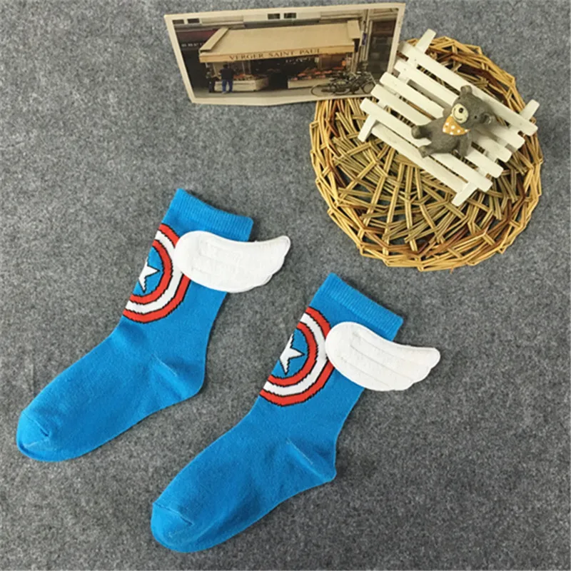 1 Pairs Boy Socks Men Cartoon Superhero Spider-man Captain America hand-stitched wings socks Casual Cotton Socks High Quality