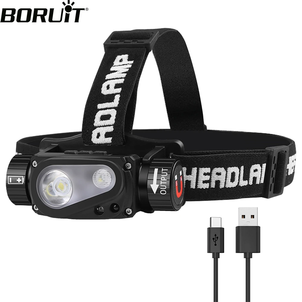 BORUiT Motion Sensor LED Headlamp Type-C Rechargeable Power Bnak 18650 Headlight Magnet Head Lamp Torch Fishing Flashlight