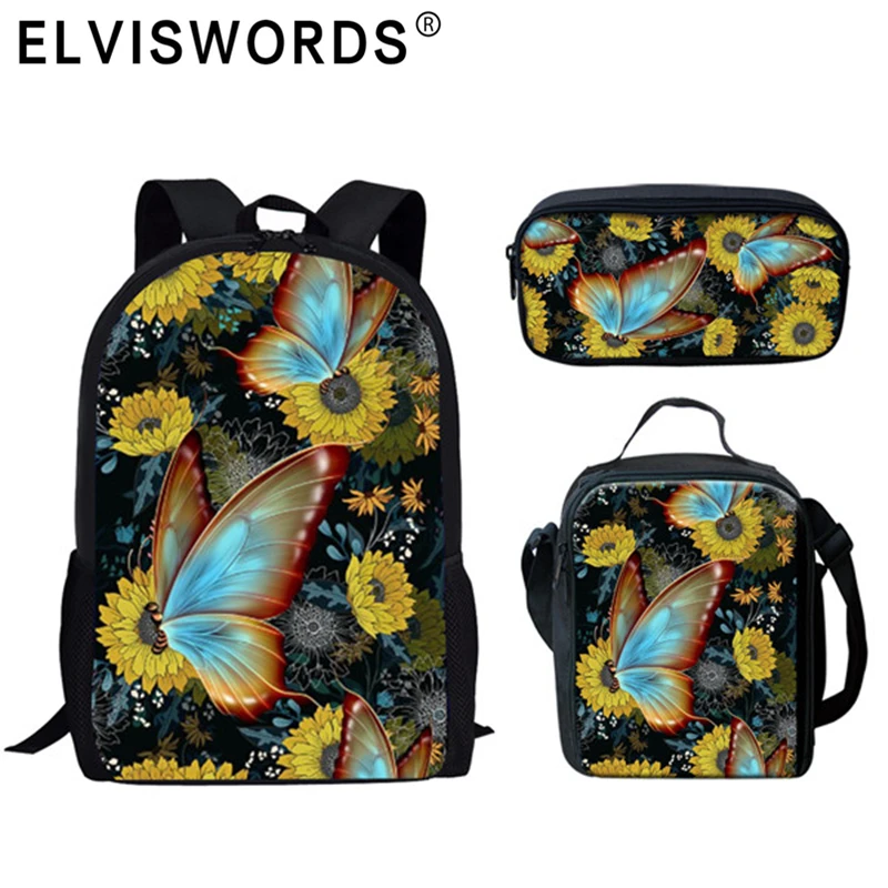 ELVISWORDS-Mochila escolar con estampado de girasol para mujer, morral escolar informal con bonito Animal, a la moda, 3 unids/set