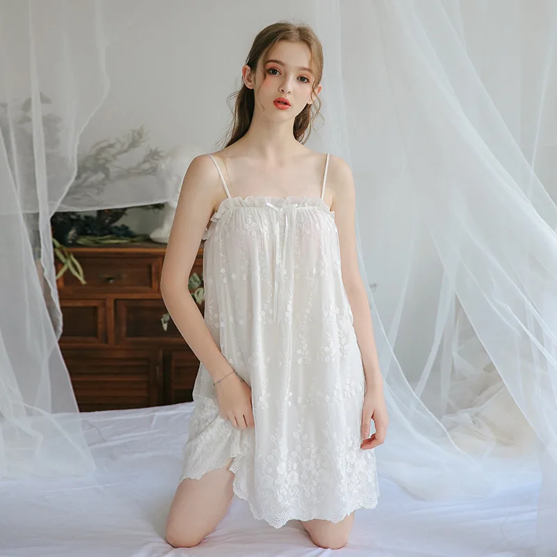 

Princess Nightdress Women's Summer Soft Lace Mesh Sexy Perspective Home Clothes Sleep Dress Sleeveless Spaghetti Strap Nightwear
