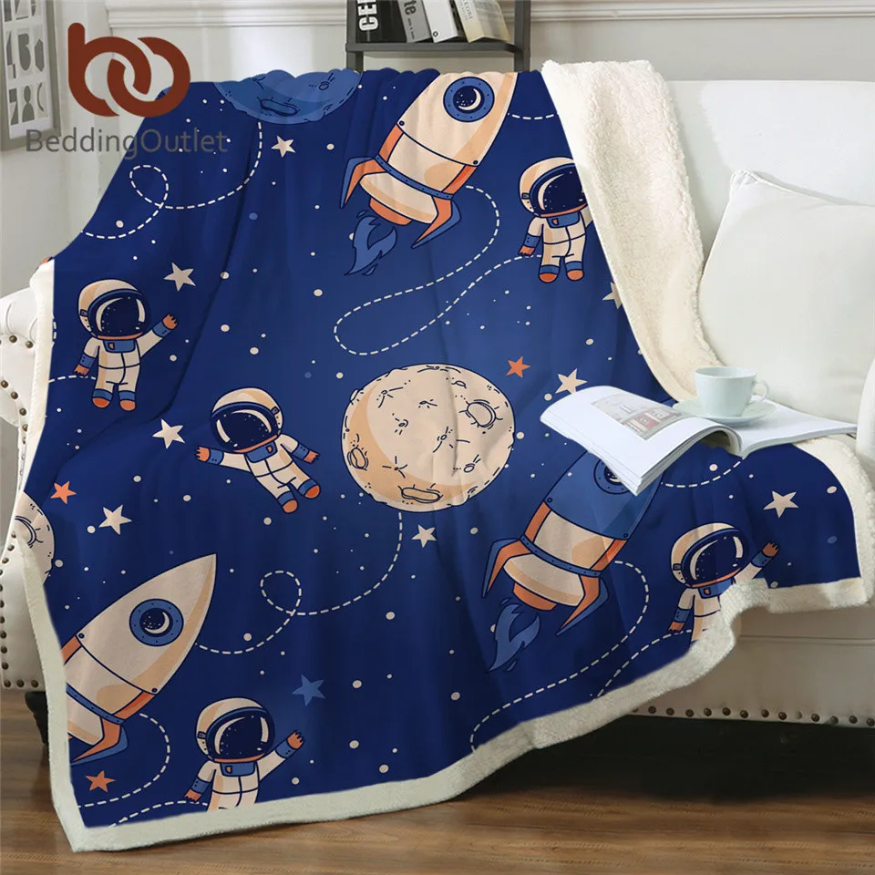 BeddingOutlet Rocket Ship Bed Blanket Blue Sherpa Fleece Throw Kids Outer Space Plush Bedding Astronauts Planets Stars cobertor