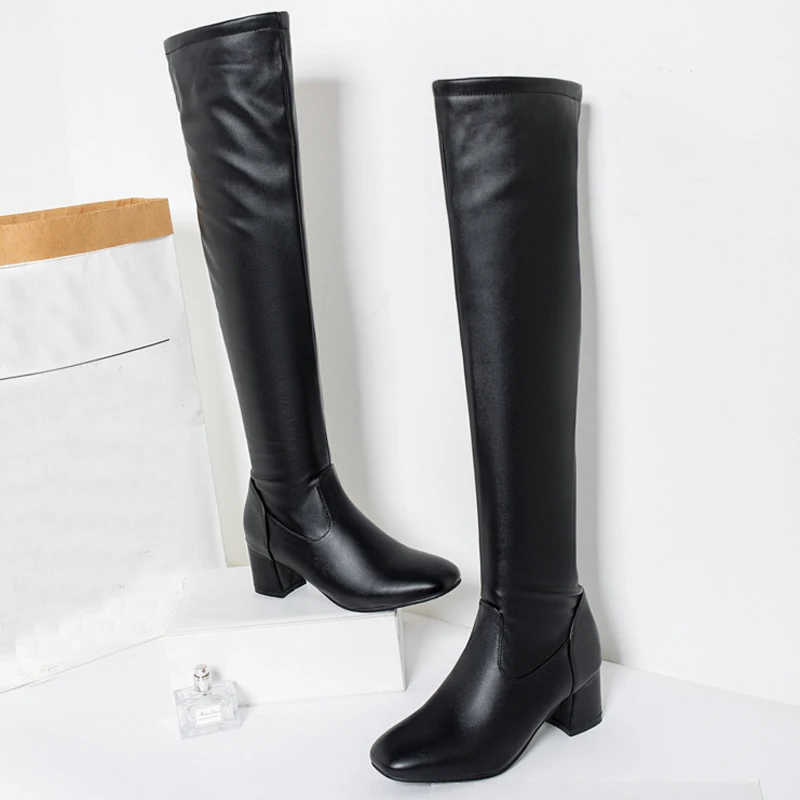 Classic Thigh High Boots Women Autumn Winter Square Middle Heel Over The Knee Boots Balck White Shoes Woman Plus Size 45 WSH3699