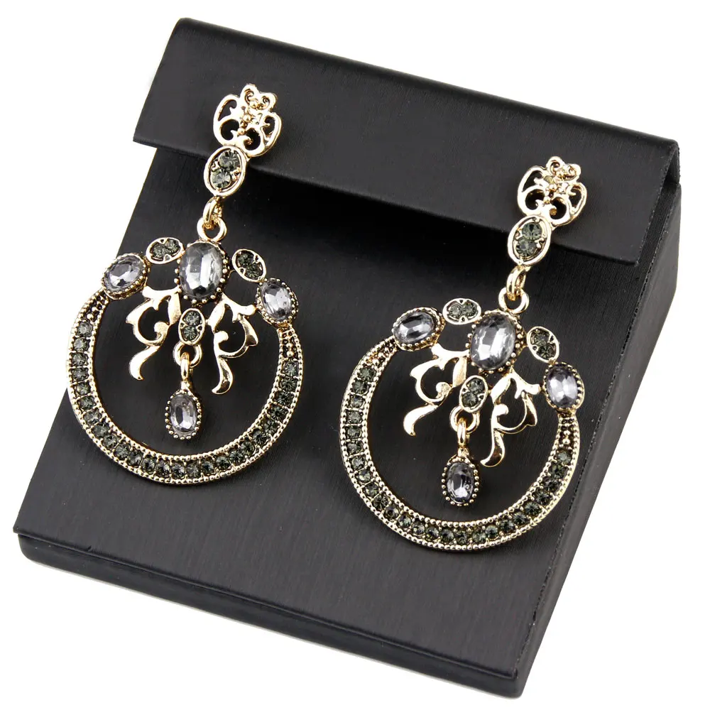 Turkish Grey Crystal Drop Earring For Women Antique Gold Color Indian Earring Vintage Round Wedding jewelry