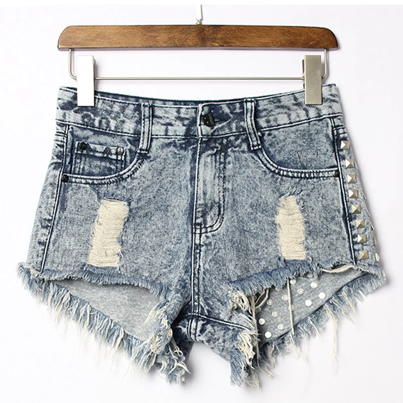 Sexy Denim Shorts Women Rivet Destroyed Ripped Jeans Short Trousers Distressed Tassel High Waist Punk Streetwear XXXL Street 3xl