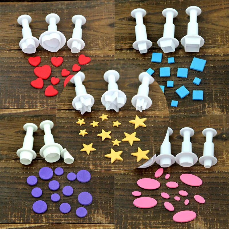 3Pcs/Set Geometric Fondant Cookie Cake Cutter Ejector Stamp Plunger Mold Embossed Star Heart DIY Baking Cake Decorating Tools