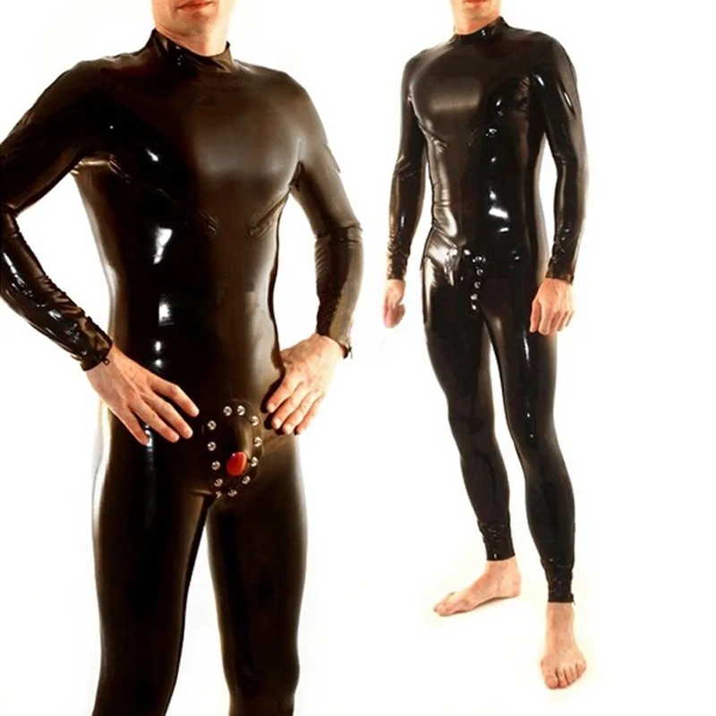 Rubber Latex Men Catsuit with Breast Zips and Removable Crotch Cover Sexy Male Bodysuit Handmade Jumpsuit S-LCM016