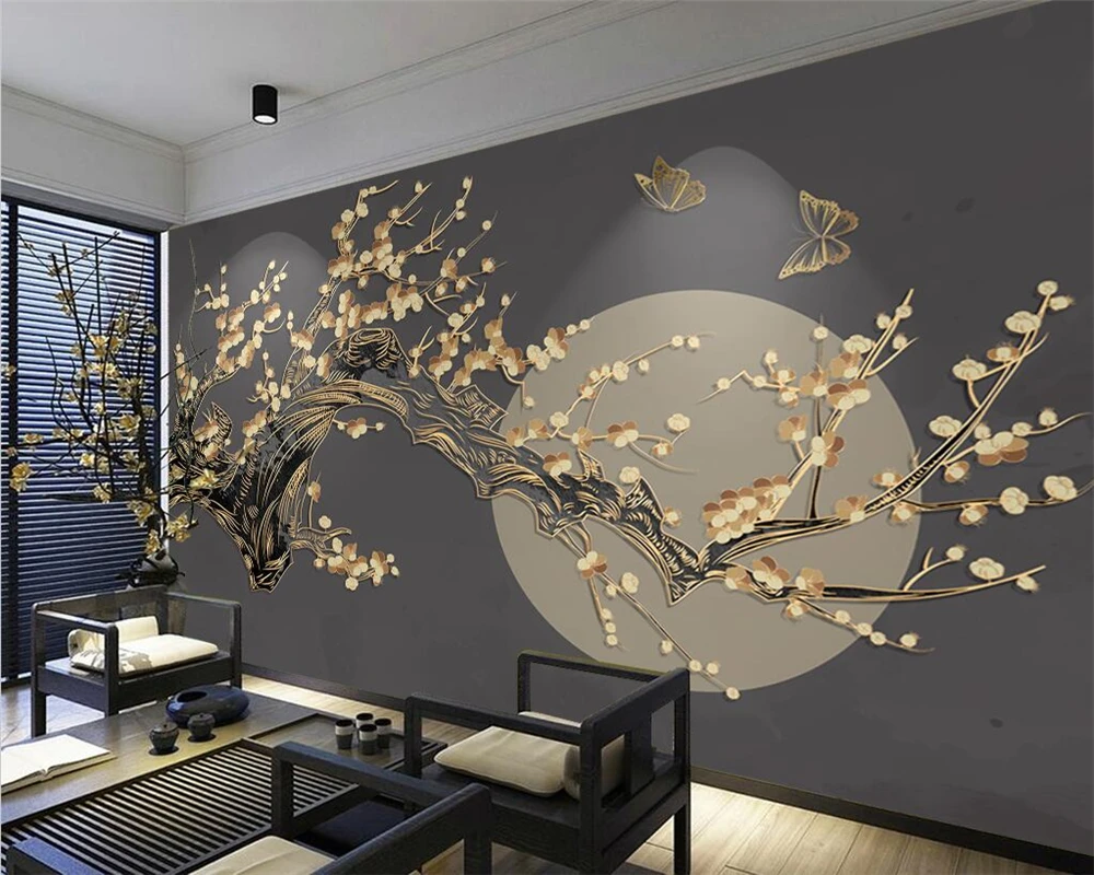 beibehang Customized beautiful new Chinese style plum blossom bright moon light luxury golden embossed line background wallpaper