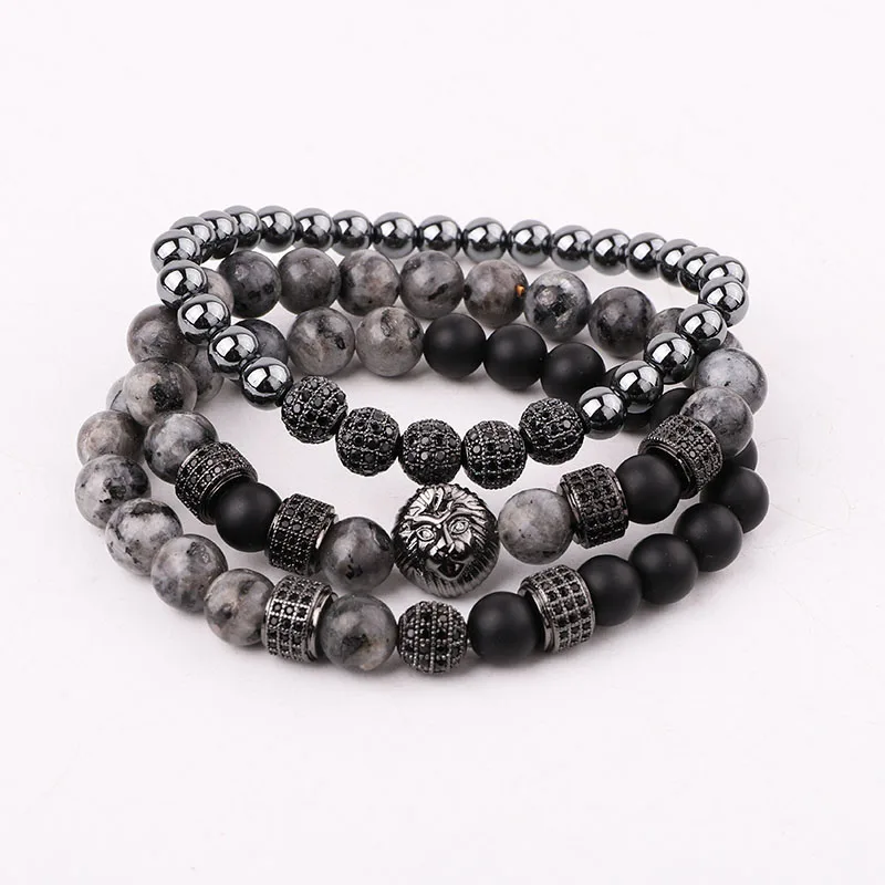 

Fashion Men Bracelet Set Natural Stone Onyx Lion Head CZ Pave Ball Beaded Elastic Bracelet Set Jewelry Gift For Men