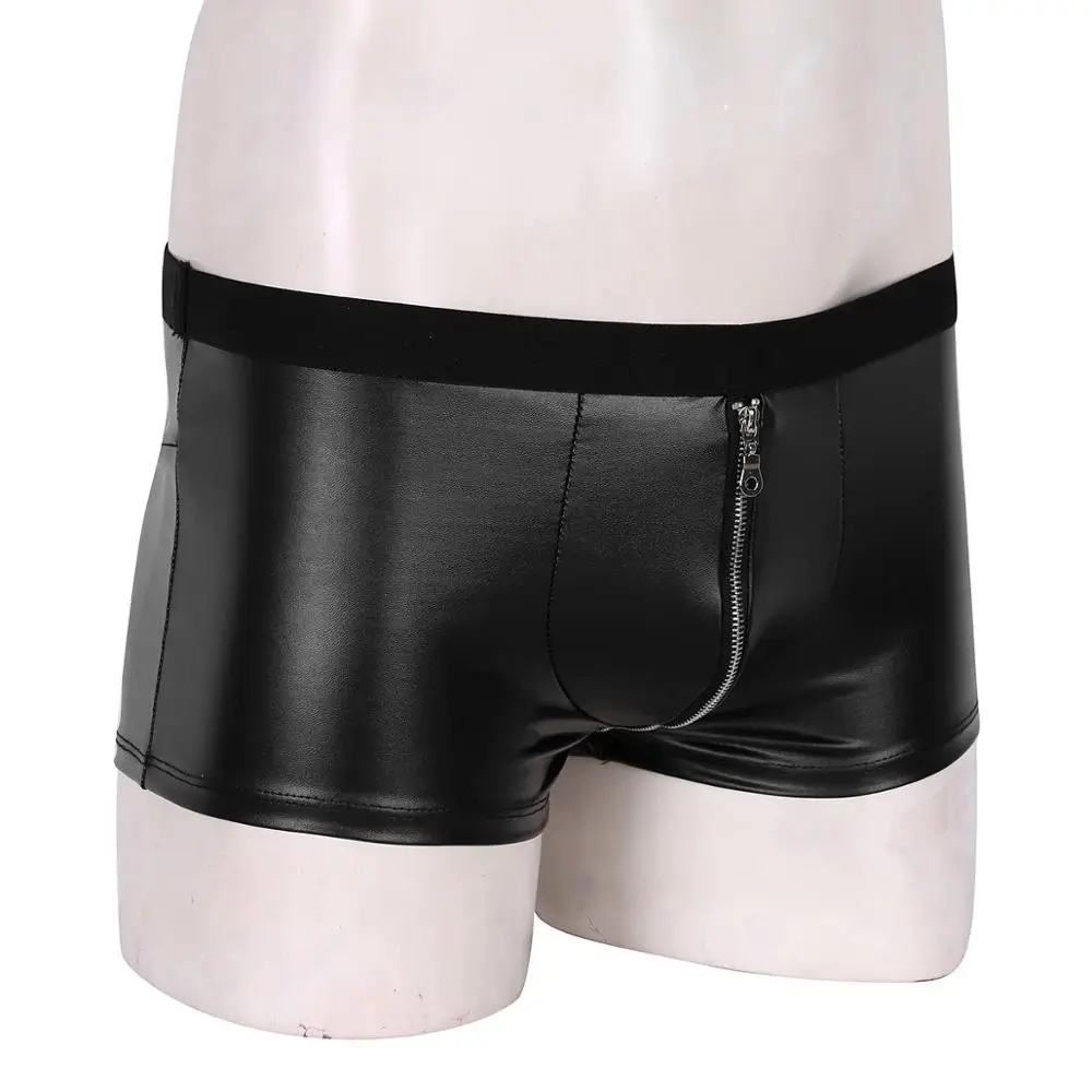 DPOIS Men Wetlook Faux Leather Boxer Shorts Adults Short Pants Black Zipper Bulge Pouch Shorts Homme Carnival Party Clubwear