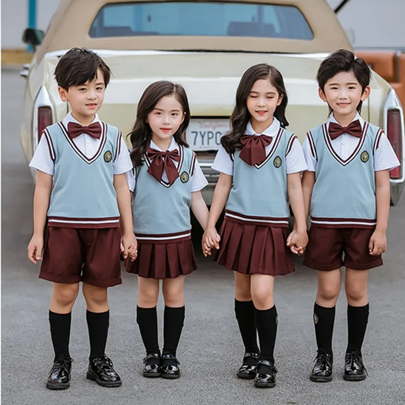 Uniforme escolar británico para niños, traje de camisa de manga corta, Falda plisada, conjunto de ropa de clase de guardería japonesa coreana