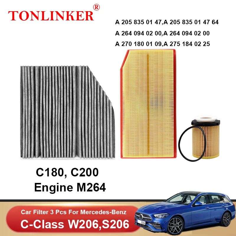 TONLINKER Cabin Air Filter Oil Filter For Mercedes Benz C Class W206 S206 C180 Sport C200 4MATIC 2021 2022 1.5L M264 1/2/3Pcs