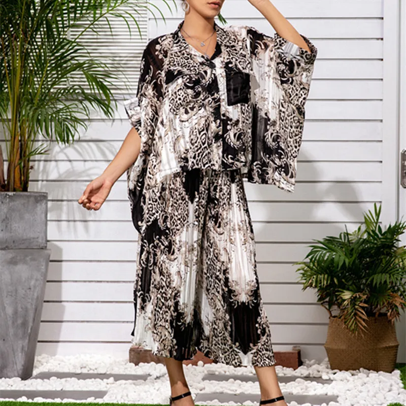 Conjunto de calças e blusa de perna larga feminina, elástico na cintura, listras, verão, outono, moda, 2 peças, 2022