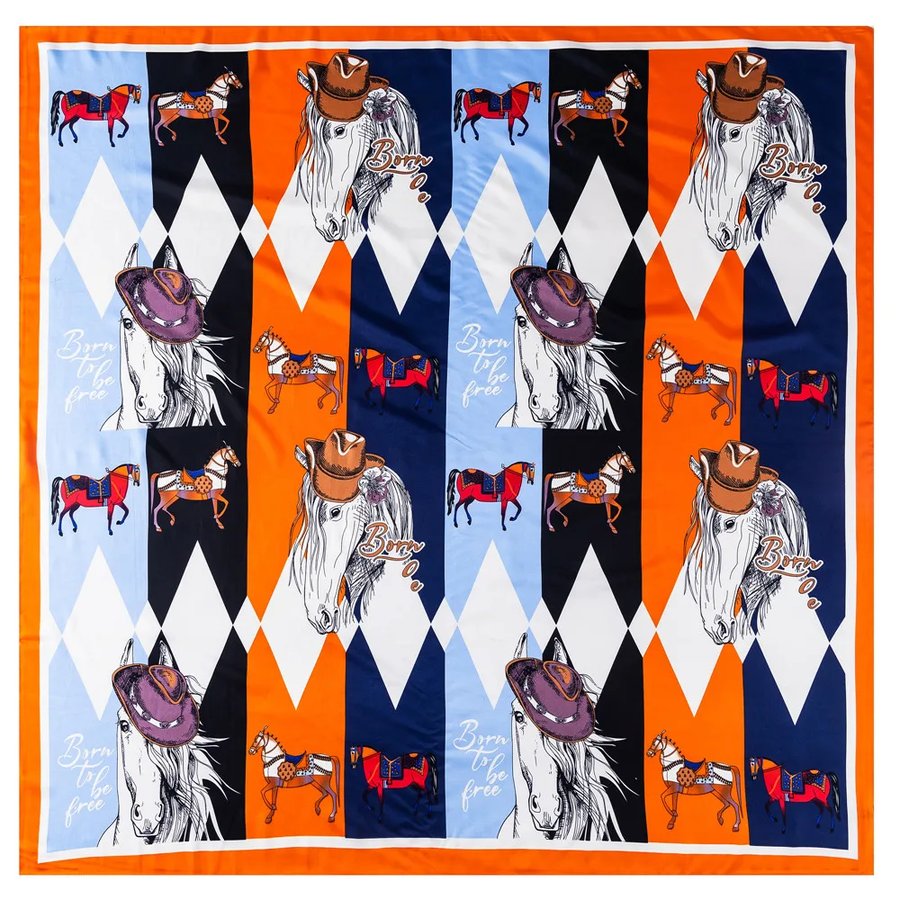 

Silk Scarf Women Horse Hat Print Stoles Square Scarves Wraps Large Bandana NecKerchief Lady Hijabs Female Silk Foulards 130CM