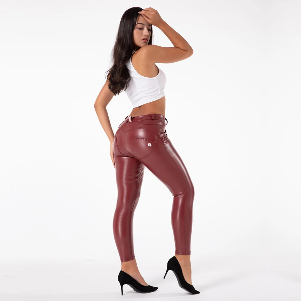 Shascullfites Melody Women Pu Leather Leggings Burgundy Office Ladies Casual Pants Elegant Stretch Slim Pencil Trousers Jeggings