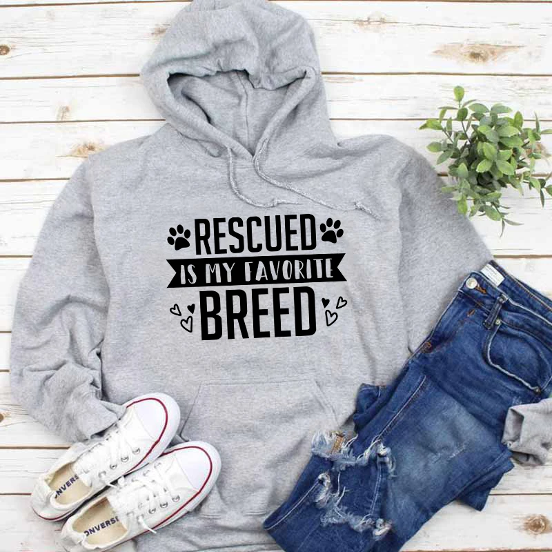 

Unisex Funny Dog Mom Sweatshirt Rescued Is My favorite Breed Pullover Stylish Cotton Dog Slogan Graphic Hoodies Gift Jumper Tops