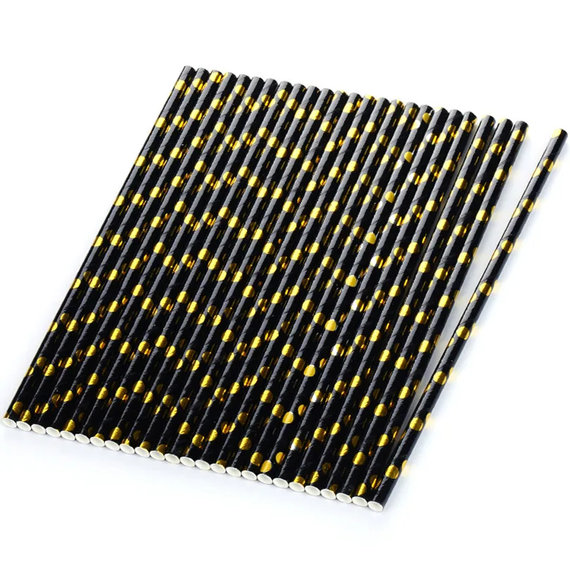 100 Pcs Black Gold Foil Polka Dot Paper Straws,Metallic Wedding New Year Graduation Bachelorette Party Bar Coffee Drinking Straw