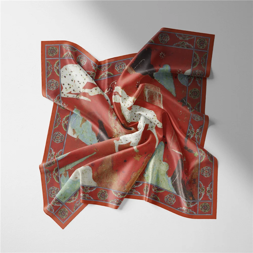 Twill Silk Scarf Woman Deer Painting Square Scarves Wraps Bandana Small Hijab Silk Foulards Tie Headband Neckerchief 53CM