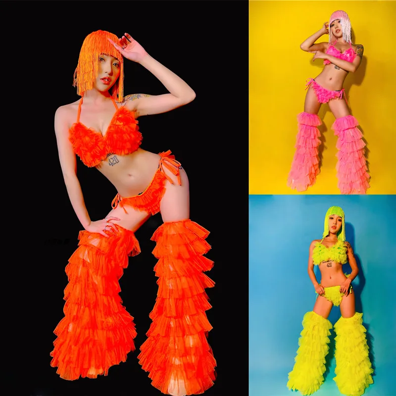 Nightclub Bar Party Gogo Dance Performance Clothes Sexy Bikini Leg Cover Fluorescent Stage Costume DJ Dancer Rave Show Outfits