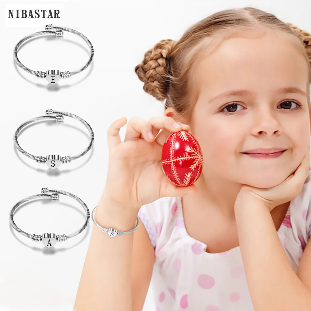 Lovely Kids Initial Letter Bracelets Silver Color Tiny Alphabet Heart Baby Bangles Stainless Steel Custom Personalized Gifts For