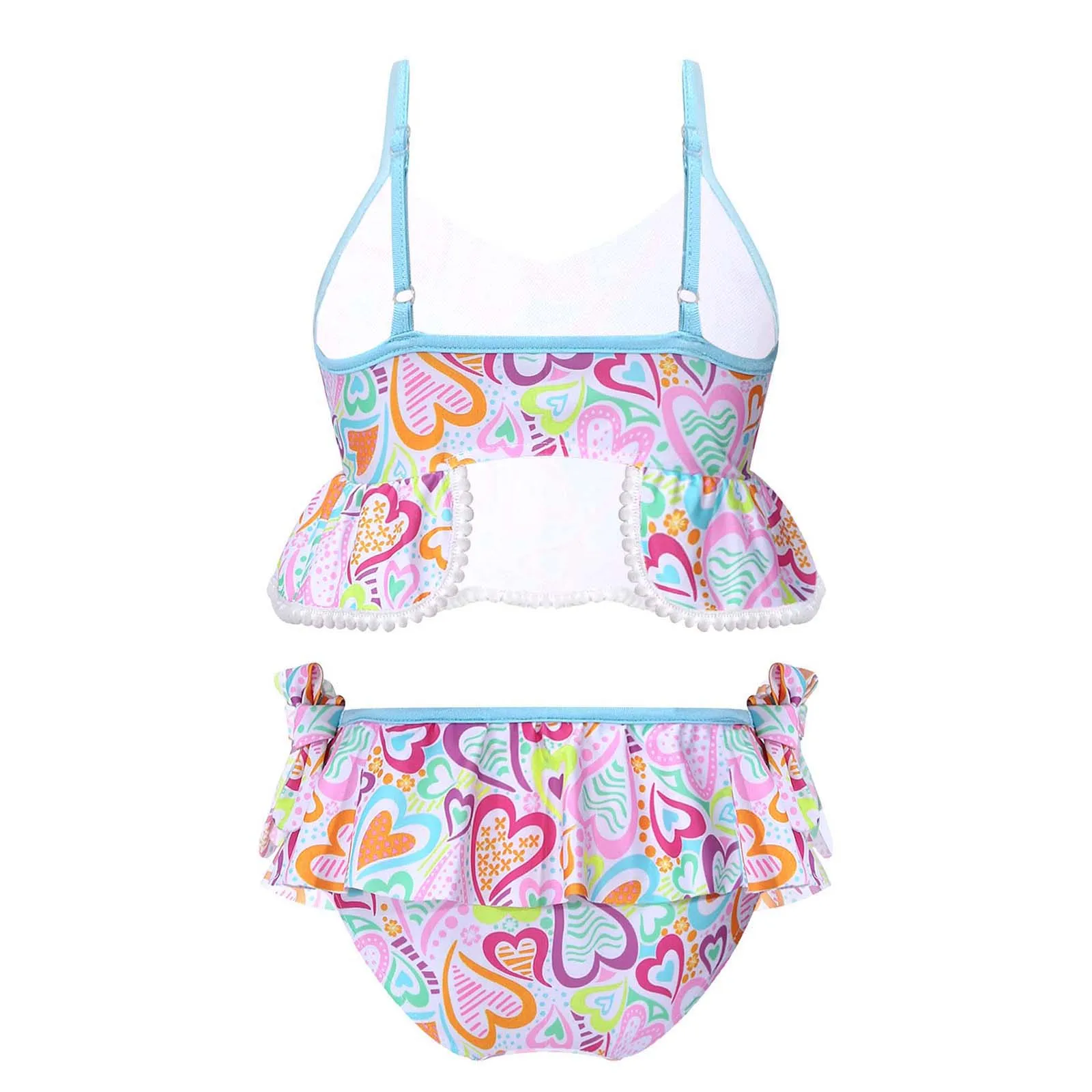 2Pcs Kids Girls Print Swimsuit Swimwear Adjustable Shoulder Strap V Neck Ruffle Crop Top Bikini Bottom Set for Beach Pool