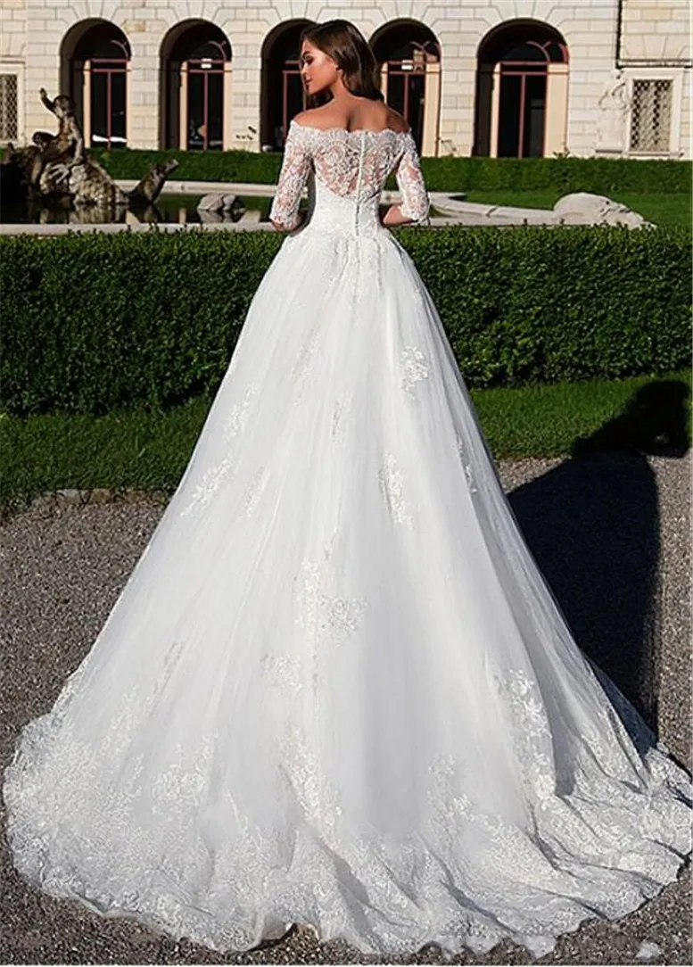 2020 Gorgeous Off-the-shoulder Half Sleeves Wedding Dresses With Beaded Lace Appliques Illusion Back Bridal Gowns robe de mariee