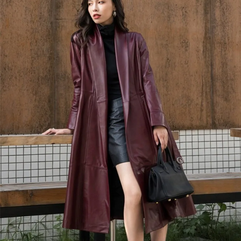 Elegant Women Long Sheepskin Genuine Leather Jacket Belted Slim Fit Trench Coat Ladies Vintage Windbreaker Real Leather Jackets