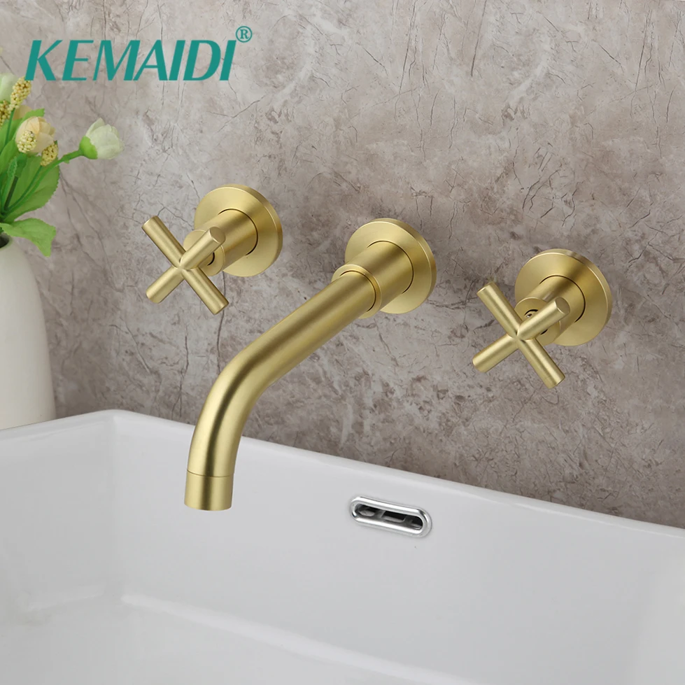 

KEMAIDI Brushed Gold Basin Faucet Concealed Wall Mounted Faucet Tap 360 Rotation Single Handle Hot Cold Water Bath Mixer Tap