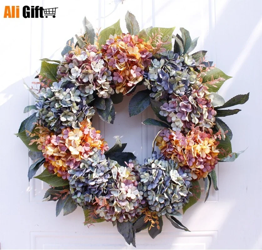 56cm/22inch Autumn Hydrangea Ring Door Decoration Ornaments Wedding Portable Party Decor Supplies Thanksgiving Decorations Home