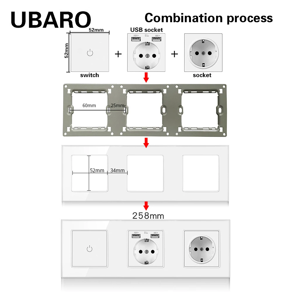 UBARO Black Tempered Glass Panel Touch Switch EU socket USB Type C TV Rj45 RJ11 Function Key Diy Combination Square Box Install