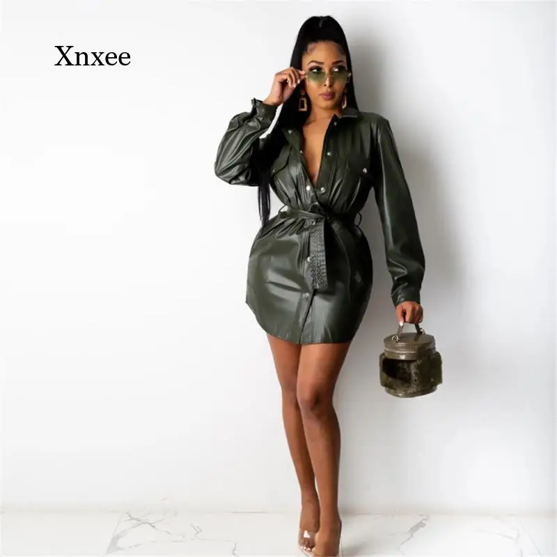 Turn-Down Collar Pu Dress Faux Leather Shirt Bodycon Women Clothing Button Mini Dresses Party Night Club Wear Sexy Belt Vestido