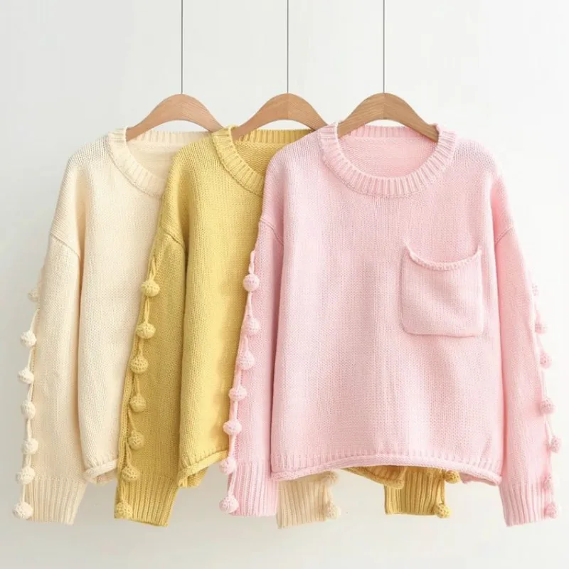 

Pullover Sweater Women Loose Fall Winter Pocket Long Sleeve Sweaters Student Girl Ball Round Collar Knitted Top Clothing H9434