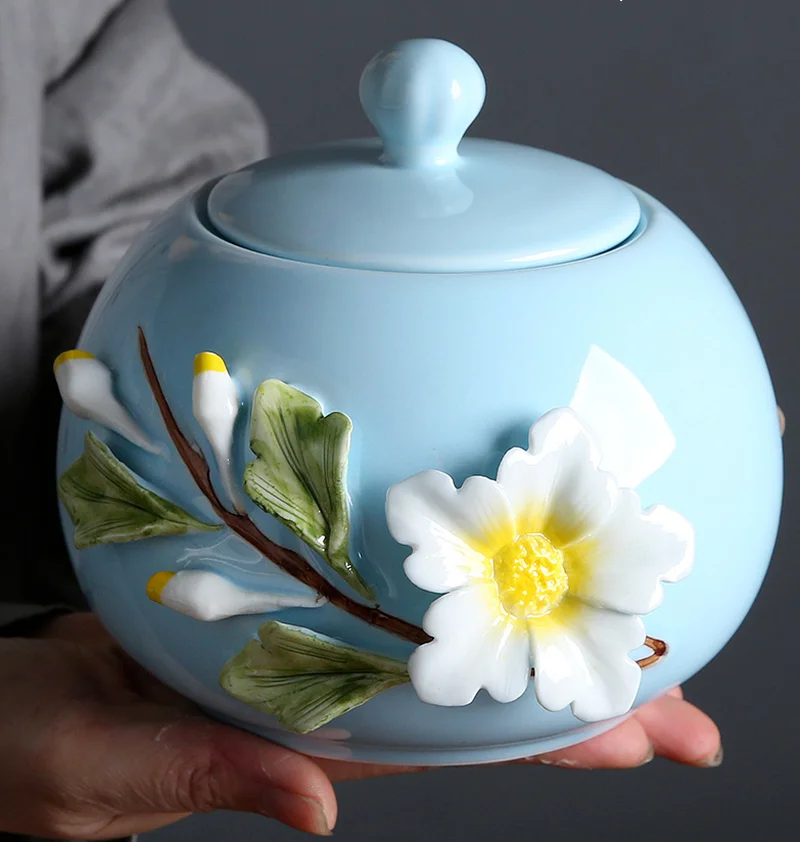 

Китайские керамические чайные банки, герметичные банки для закусок, сушеных фруктов, кухонный резервуар для хранения, емкость для кофе, ручная работа, цветы, украшение для дома