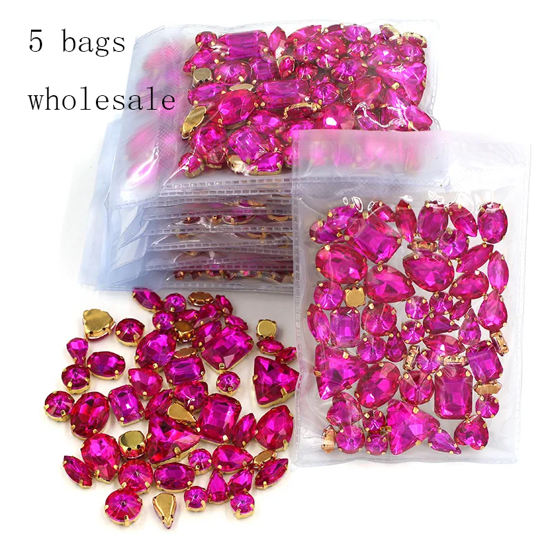 New arrival Wholesale 5 bags mixed shape sew on glass crystal Rose red  rhinestones gold base for clothing/dress