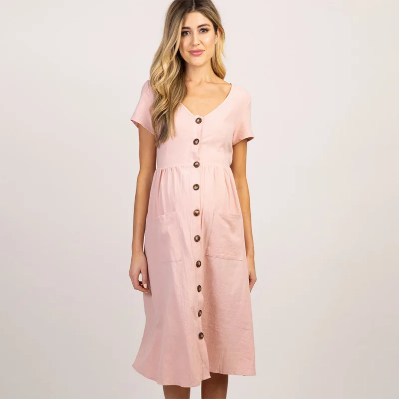 Slim-Fit Short-Sleeved Maternity Dress Maternity Long Dress Round Neck Loose Solid Color Long Trench Coat