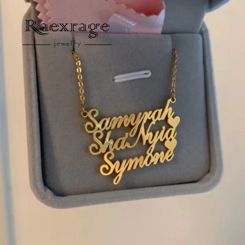 Raexrage personalizado 1-3 nomes colares de aço inoxidável vários coração placa de identificação colares personalizados para mulher bijoux femme