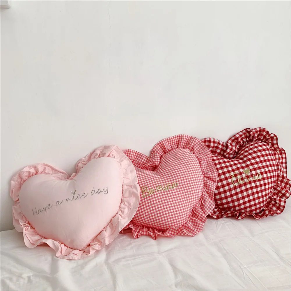 Ruffled Love Heart Cushion Geometric Lattice Letters Embroidery Pillow Cotton Ruffle Pillow Kids Room Decor Baby Shower Gifts