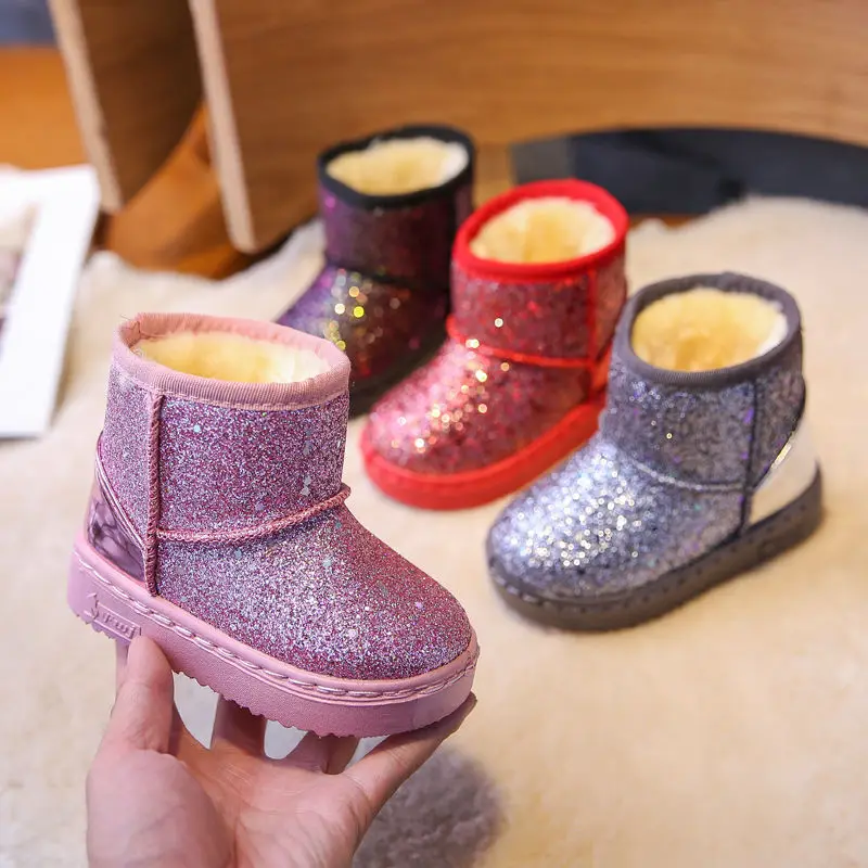 New Year Sequined Kids Cotton Shoes Winter Red Girls Snow Boots For Children Princess Plush Warm Boot Kids Christmas Shoes 3-13T