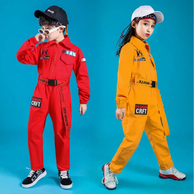 Kids Long Sleeve Hip Hop Clothing Blue Red Loose Jumpsuit Overalls for Girls Boys Jazz Dance Costumes Dancing Clothes Wear