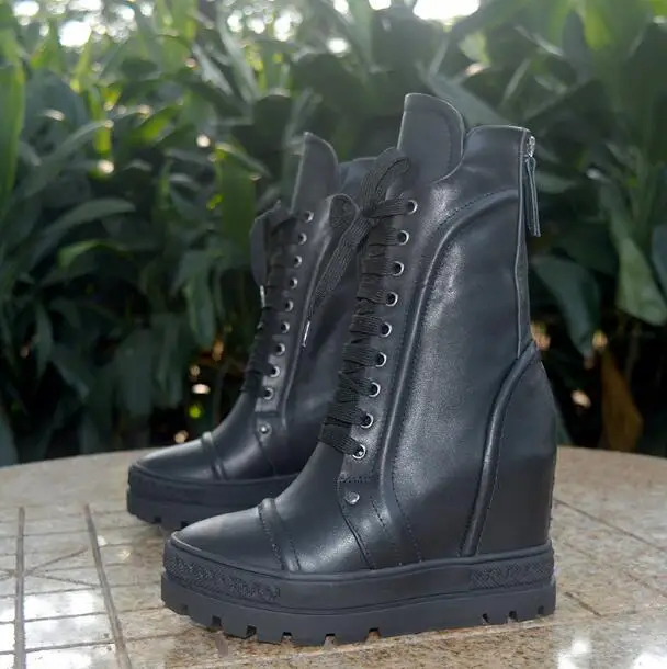 New Woman White Black Genuine Leather High Top Sneakers 8 cm Height Increasing Thick Sole Platform Wedge Short Combat Boots