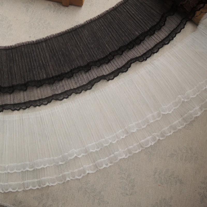 12CM Wide White Black Double Layers Tulle Embroidered Ribbon Pleated Mesh Elastic Ruffle Trim Wedding Dress Fringe Sewing Decor