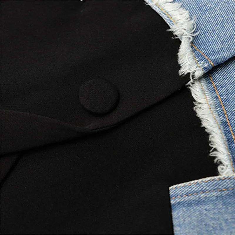 Black Denim Splice Blazers Coat Women High quality Single Button Suit Coat Lady Streetwear Loose Stylish Blazer Jacket Outerwear