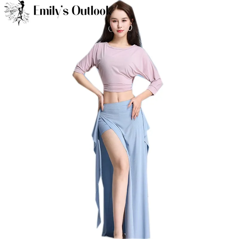 Summer Women 3 Piece Set Belly Dance Costume Long Sleeve Top Sexy Side Split Skirt Oriental Dance Practice Outfit Slim Rave