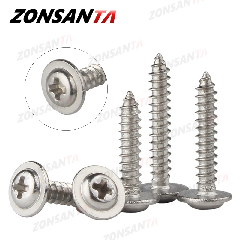 ZONSANTA 50szt M1.4 M1.7 M2 M2.3 M2.6 M3 M4 Śruba krzyżakowa z łbem okrągłym z podkładką Śruba samogwintująca ze stali nierdzewnej 304 Śruby do drewna