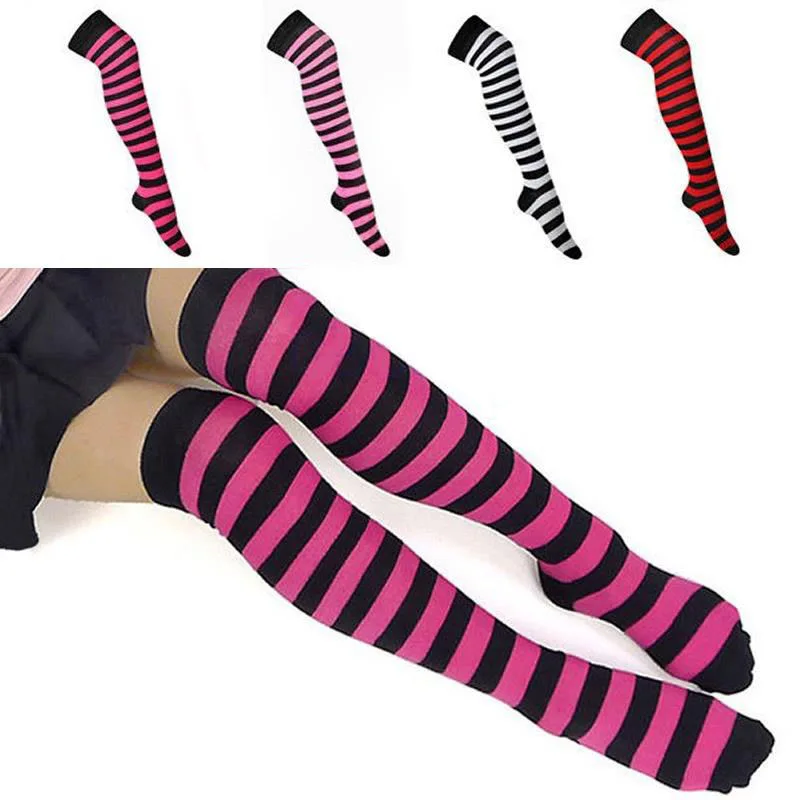 Chaussettes au-dessus du genou pour femmes et filles, nouvelles chaussettes imprimées à longues rayures, en coton, mignonnes et grandes tailles