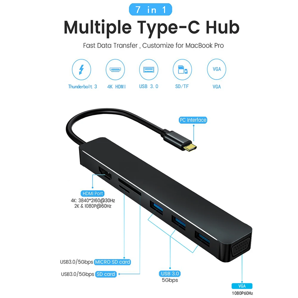 7 In 1 USB Hub USB3.0 Splitter Adapter Port Replicator Type C To VGA HD-MI SD/TF Card Reader 7-In-1 Expansion Dock Hub untuk PC