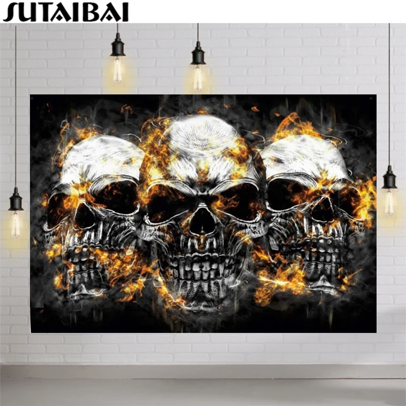 Halloween Angry Skull Burning Fire Black Background Photography Backdrops Kids Family Party Supplies Decorations Wallpaper Wall