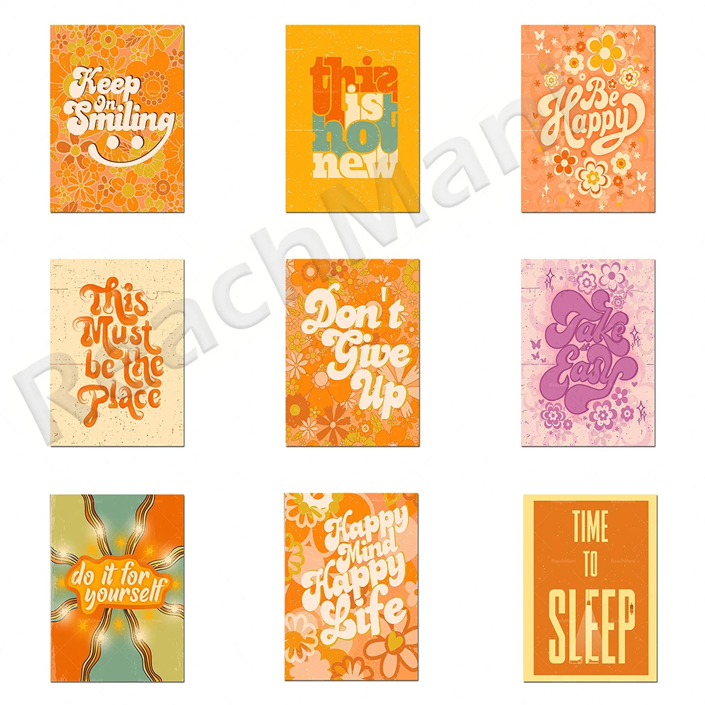 

Happy Mind and Happy Life Poster, 70's decorative retro poster, 70's floral pattern retro home decoration, hippie print 70's mar